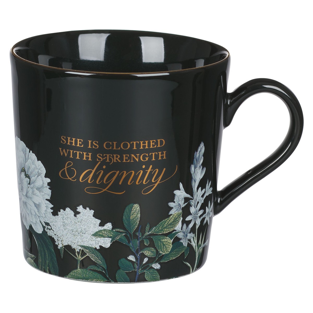 Mug Black Floral Strength & Dignity Prov. 31:25