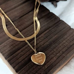 DOUBLE CHAIN HEART SHAPE GOLD NECKLACE