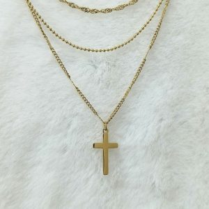 TRIPLE CHAIN CROSS NECKLACE GOLD