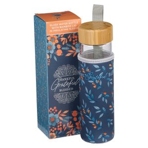 Water Bottle Glass w  Sleeve Thankful